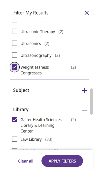 Image demonstrates what filters look like when selected, and the APPLY FILTERS button that must be clicked to enable them